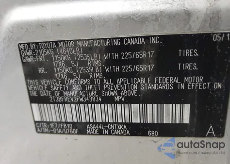 2015 Toyota Rav4 Le z USA, uszkodzony, nr VIN 2T3BFREV2FW343834